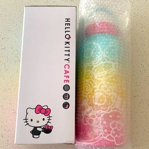 Hello Kitty Cafe Thermal bottle 32oz, shopping bag and empty macaroons box.